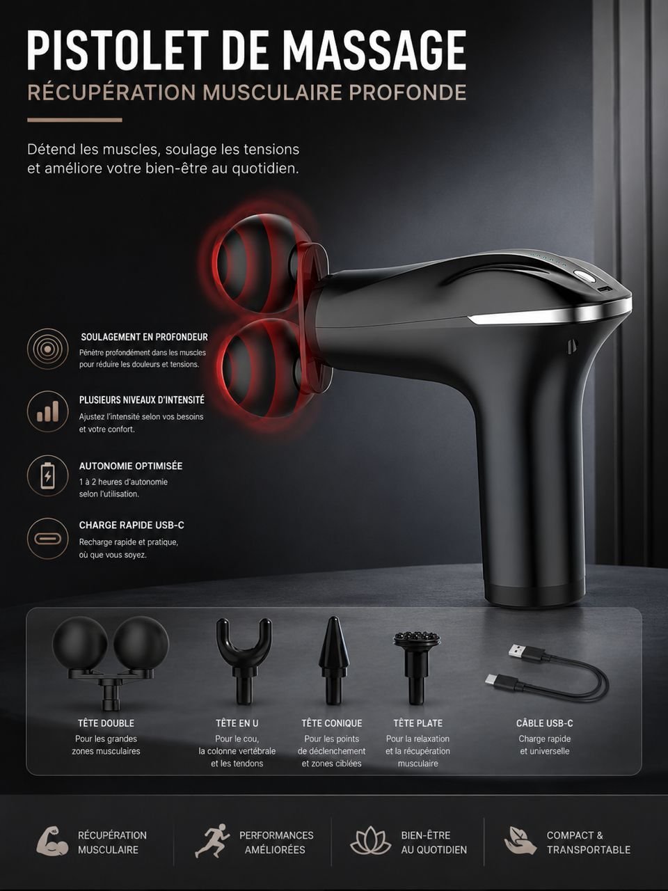 Pistolet de Massage 4 en 1 Rechargeable